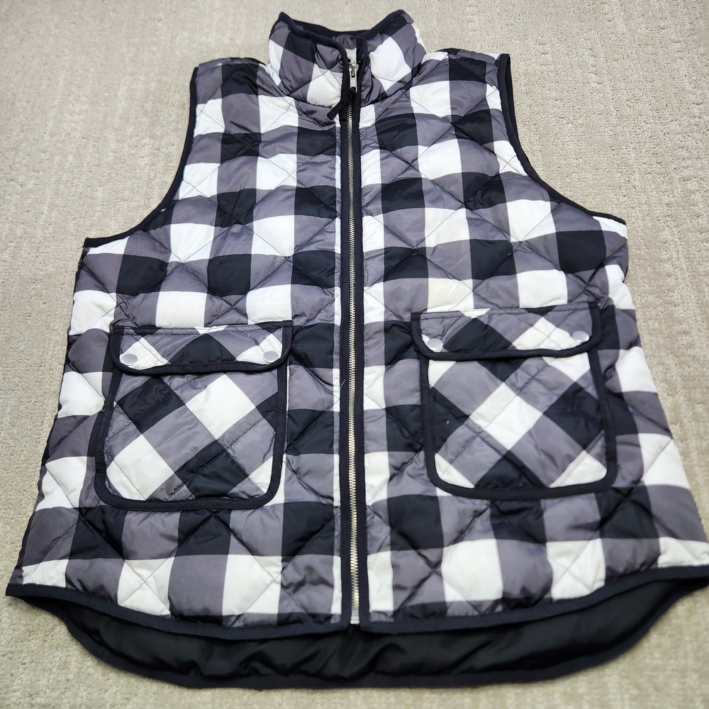 Woolrich Puffer Vest Women XL Duck Down Quilted Plaid Full Zip Black White Chore